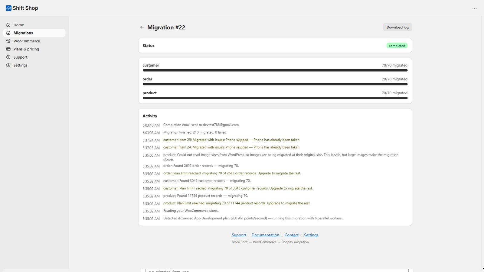 A completed migration showing product, customer and order progress bars, with an activity log explaining exactly what happened to each record