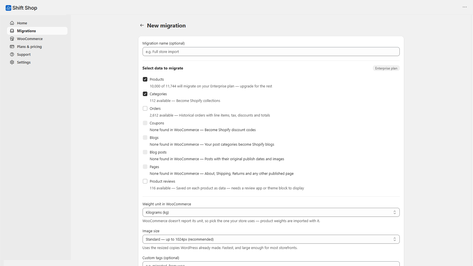 The New migration wizard with checkboxes for products, categories, orders, coupons, blogs and reviews, plus weight unit and image size settings